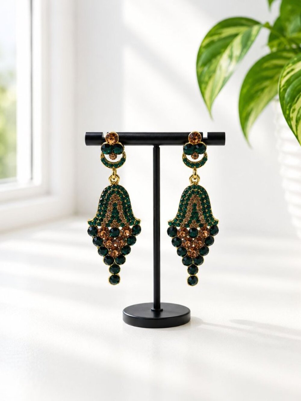 Vintage Green And Amber Rhinestone Dangle Earrings Gold Tone Statement Jewelry